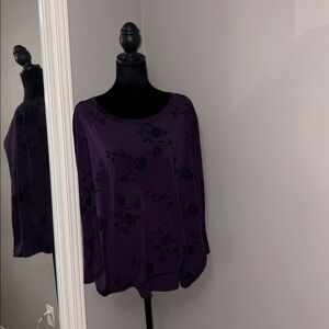Purple Top with Black Floral Flocking & Bell Sleeve End